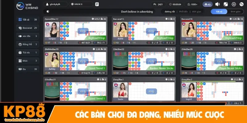 Các bàn chơi đa dạng, nhiều mức cược