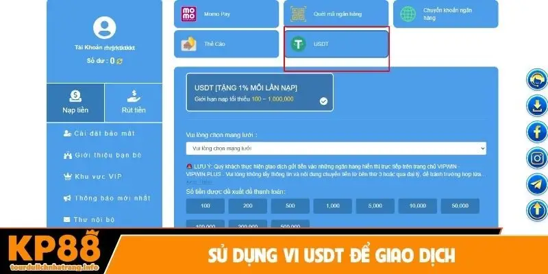 Sử dụng vi USDT để giao dịch